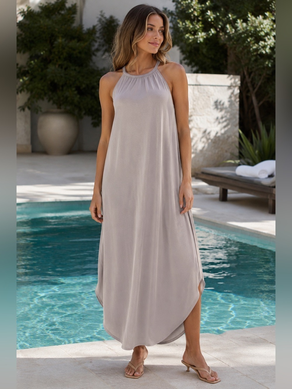 Halter Maxi Dress | Minimalist Gray Taupe Modal Blend | Keyhole Back | Small